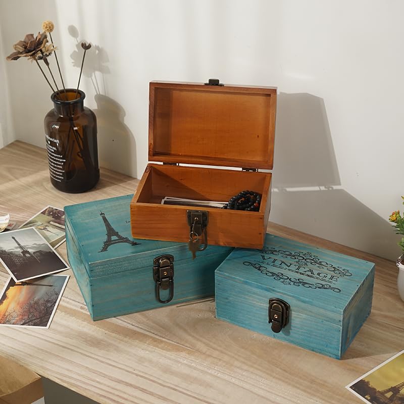 VKSG Vintage Wooden Storage Box with Hinged Lid Decorative Wood Jewelry Makeup Boxes Organizer (8.65 x 5.5 x 4 inch) - Image 3